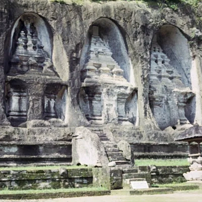 Rock-cut candis (shrines), Gunung Kawi, Bali. These 11th century shrines were for to the king's consorts.